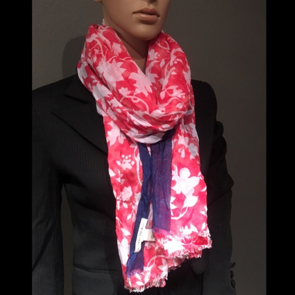 BR Scarf in Cherry Red w white florals & Navy ends